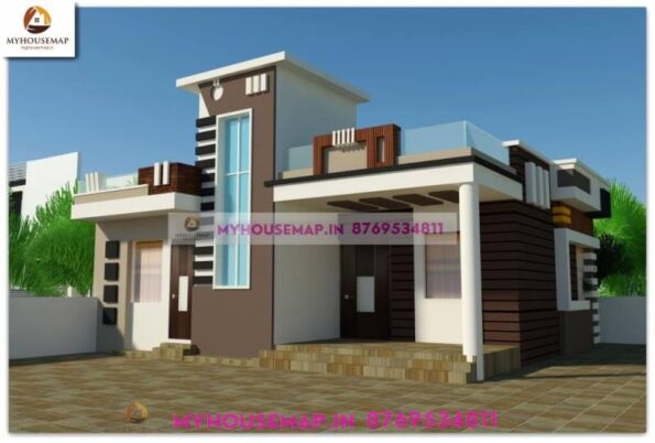 image of one floor home 3d design front and white, brown color theme with front section