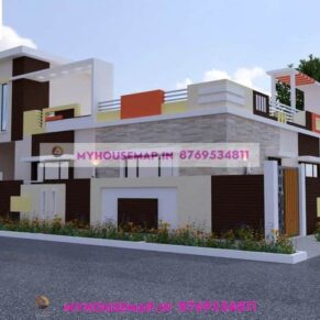 single floor house front design 3d 47×34 ft