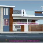 image of single floor house front design and blue, white with wooden tiles house theme