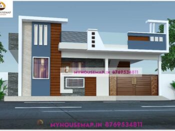 image of single floor house front design and blue, white with wooden tiles house theme