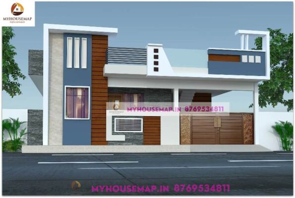 image of single floor house front design and blue, white with wooden tiles house theme