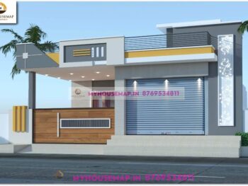 image of commercial cum residential 1 floor elevation and white, yellow, gray color theme with modern house