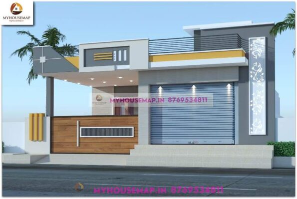 image of commercial cum residential 1 floor elevation and white, yellow, gray color theme with modern house