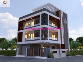 image of triple floor corner elevation design and gray white color