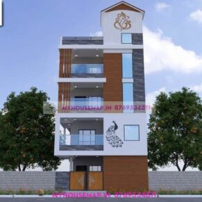 tiles design for front elevation 25×65 ft for 4 floor house wooden and grey tile used lord ganesh and peacock cnc design